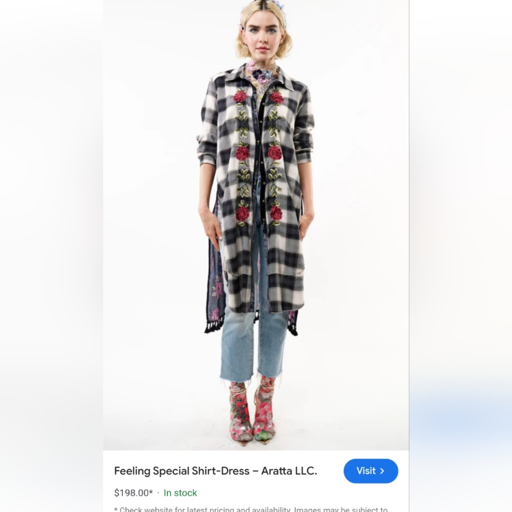 Aratta Black and White Plaid Long Tunic with Pink Rose Embroidery - Picture 2 of 14